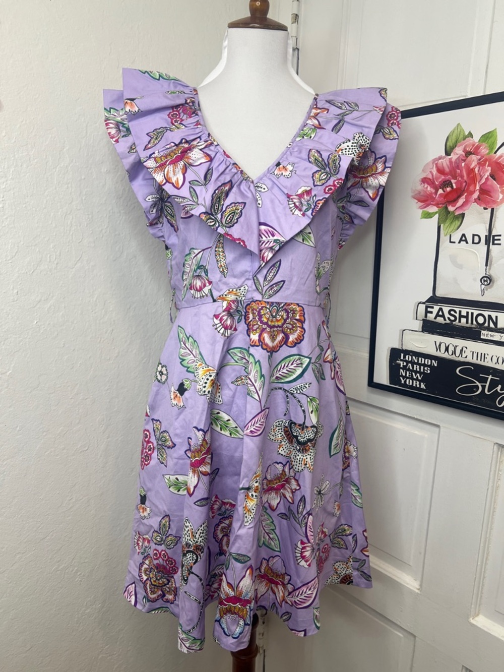 Karen Mullen Lavender Floral Mini Ruffled Mini Dress w/Pockets Size 8US